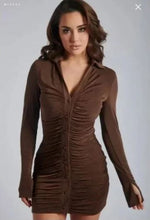 Load image into Gallery viewer, ALEXANDRA Ruched Long Sleeve Mini Dress- Chocolate (L/8)