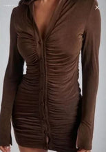 Load image into Gallery viewer, ALEXANDRA Ruched Long Sleeve Mini Dress- Chocolate (L/8)