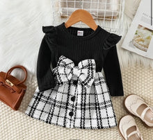 Load image into Gallery viewer, PatPat Rib Knit Ruffle Long-sleeve Spliced Tweed Bow Front Dress (9-12M)
