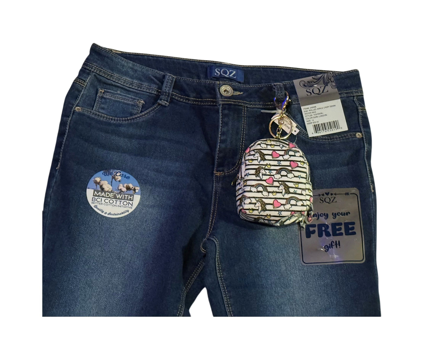 SQZ Denim Rolled Ankle Crop Denim w/Coin Bag(sz 14)