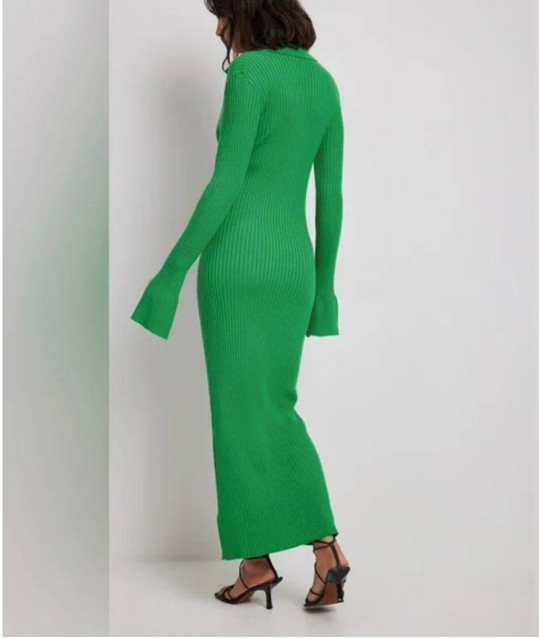 NA-KD Green Rib Knitted Trumpet Sleeve Dress (SZ L)