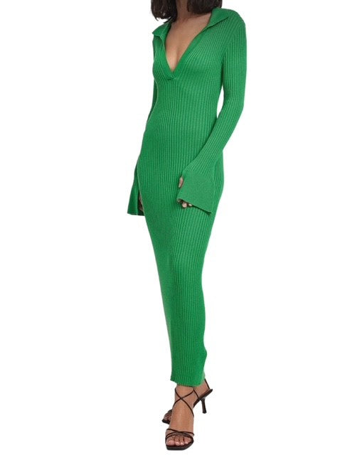 NA-KD Green Rib Knitted Trumpet Sleeve Dress (SZ L)