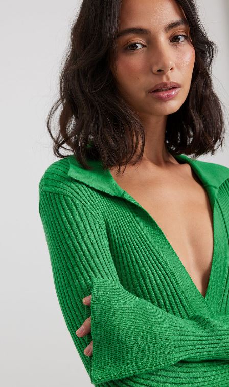 NA-KD Green Rib Knitted Trumpet Sleeve Dress (SZ L)