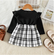 Load image into Gallery viewer, PatPat Rib Knit Ruffle Long-sleeve Spliced Tweed Bow Front Dress (9-12M)
