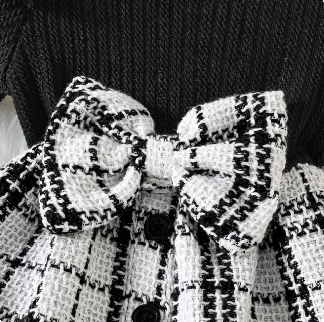 PatPat Rib Knit Ruffle Long-sleeve Spliced Tweed Bow Front Dress (9-12M)