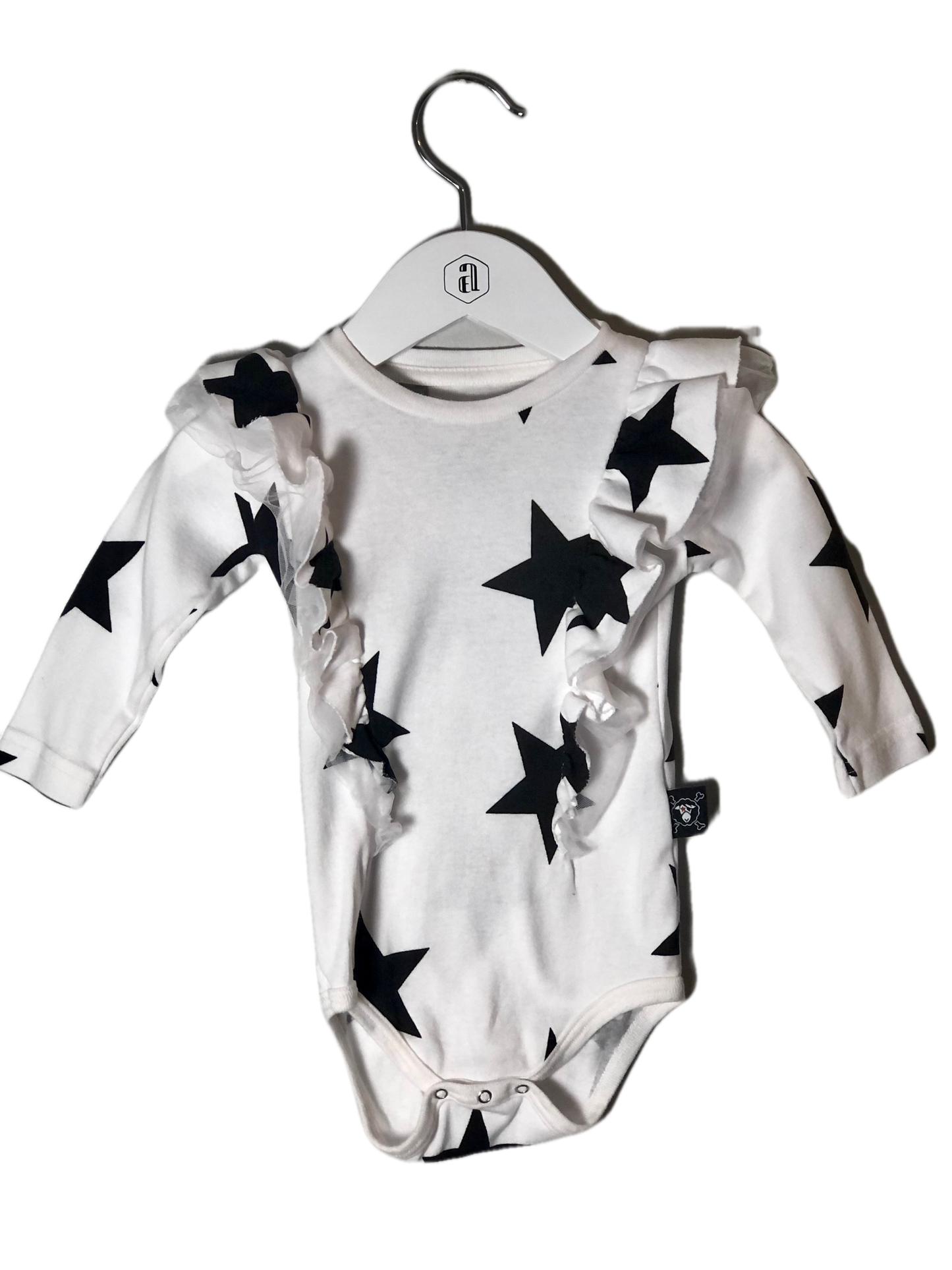 NUNUNU WHITE RUFFLED STAR ONESIE (SZ 6-12M)